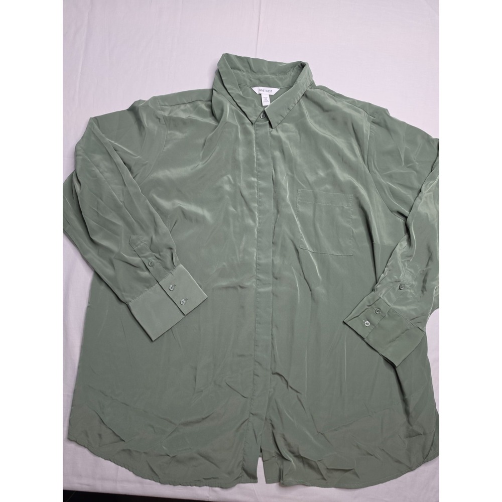 Nine West Shirt Womens 4X Plus Olive Green Pleated Long Sleeve Button-Up Outdoor
